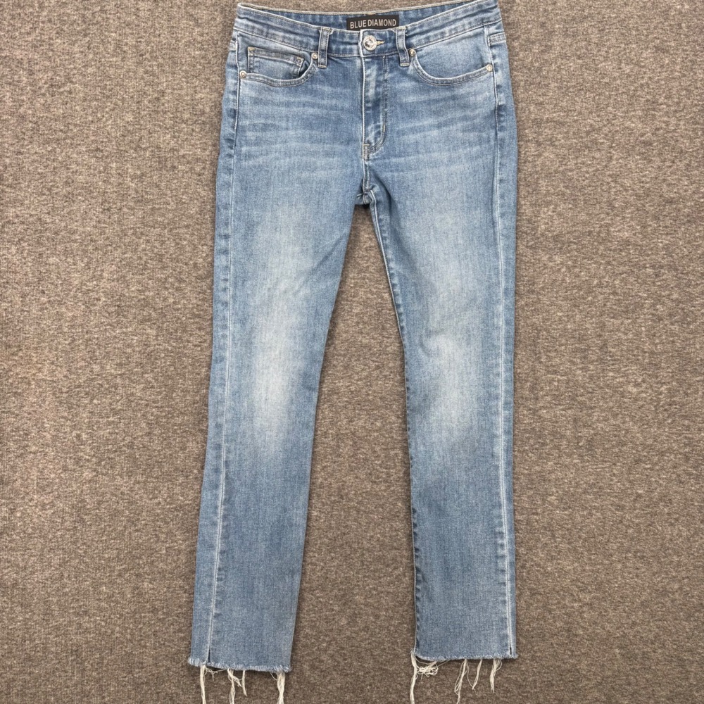 Blue‎ Diamond Womens Straight Leg Jeans Medium Wash Frayed Hem Rhinestone Button